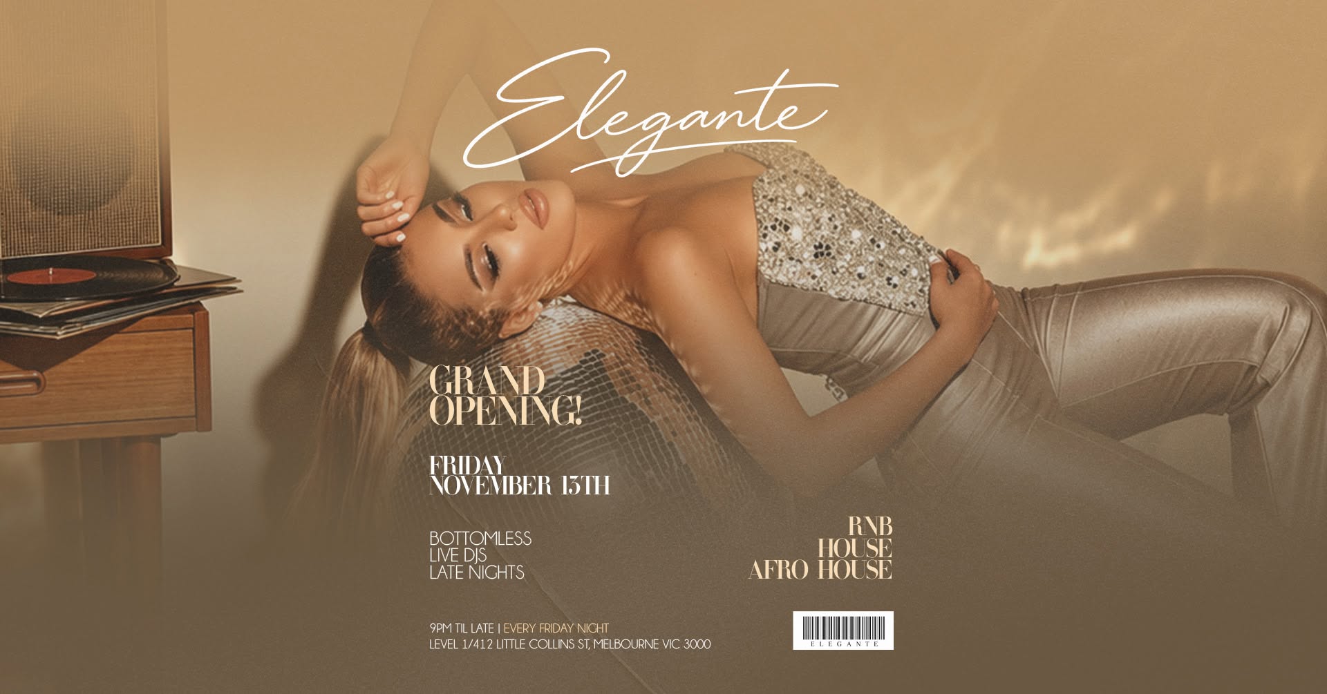 Eleganté grand opening flyer — Friday 13 November, 9PM til late, Level 1/412 Little Collins St
